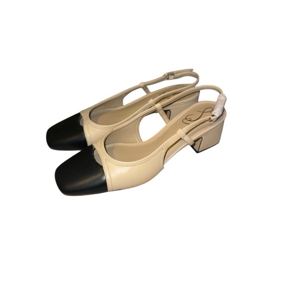 Sam Edelman Tarra Shoes 7 Summer Sand/Black Cap Toe Block Heel Slingback Sandal - Picture 3 of 9